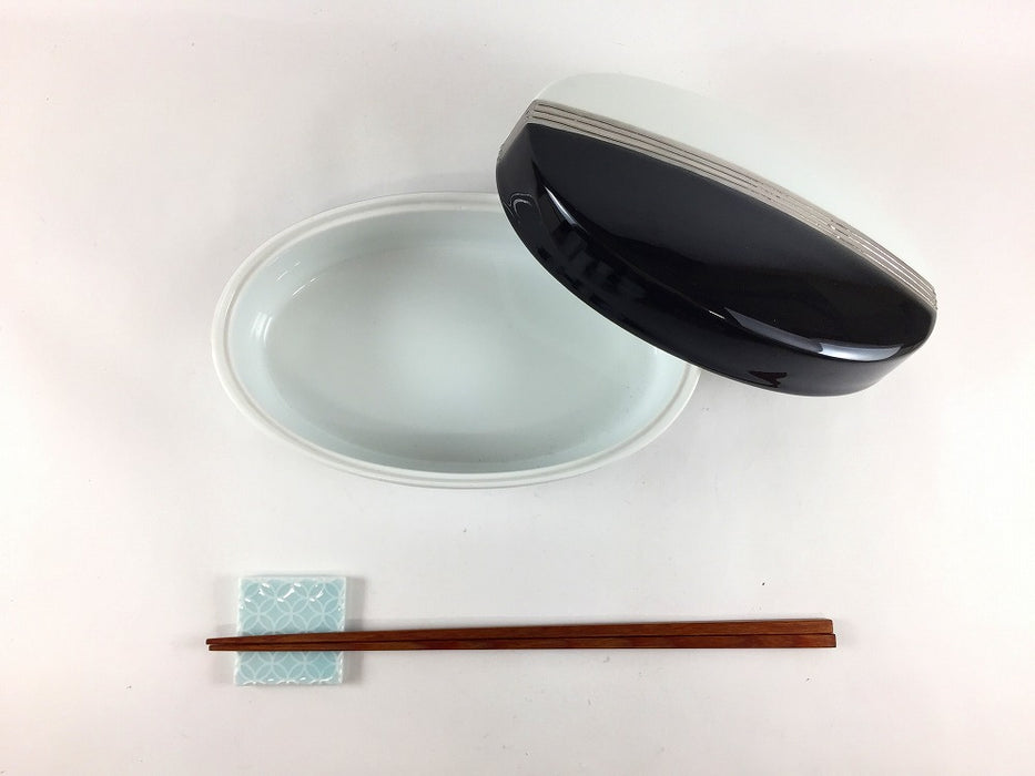 【SALE】白黒Pライン楕円蓋物　17cm　有田焼【訳あり】