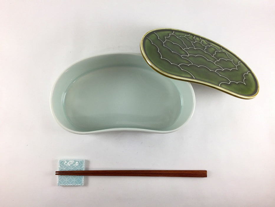 【SALE】マユ蓋付陶箱(織部/古白)　20cm　有田焼【訳あり】