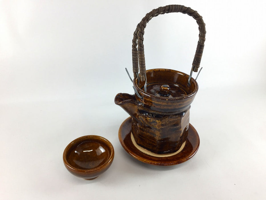 【SALE】面取土瓶ムシセット200cc(飴)ツル付　伊万里焼【訳あり】