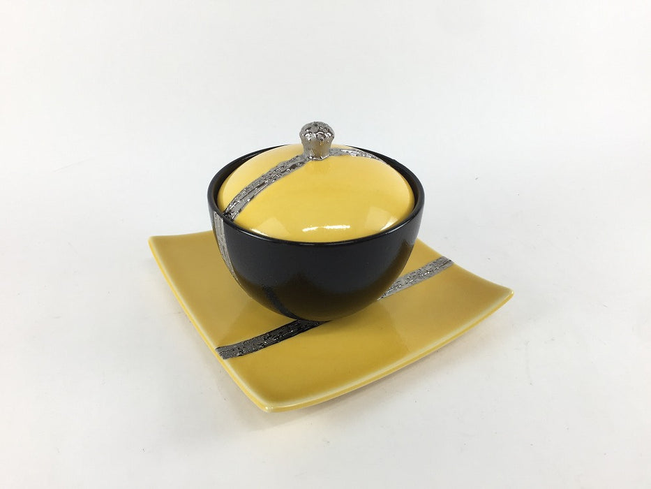 【SALE】黄黒銀帯　台付小蓋物　8cm　有田焼【訳あり】