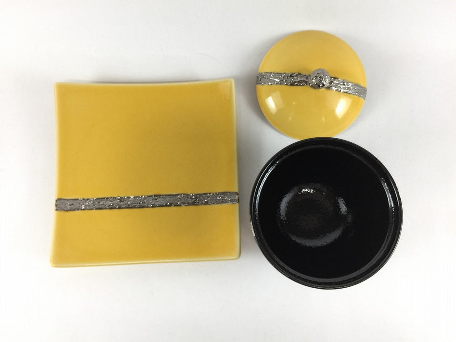 【SALE】黄黒銀帯　台付小蓋物　8cm　有田焼【訳あり】