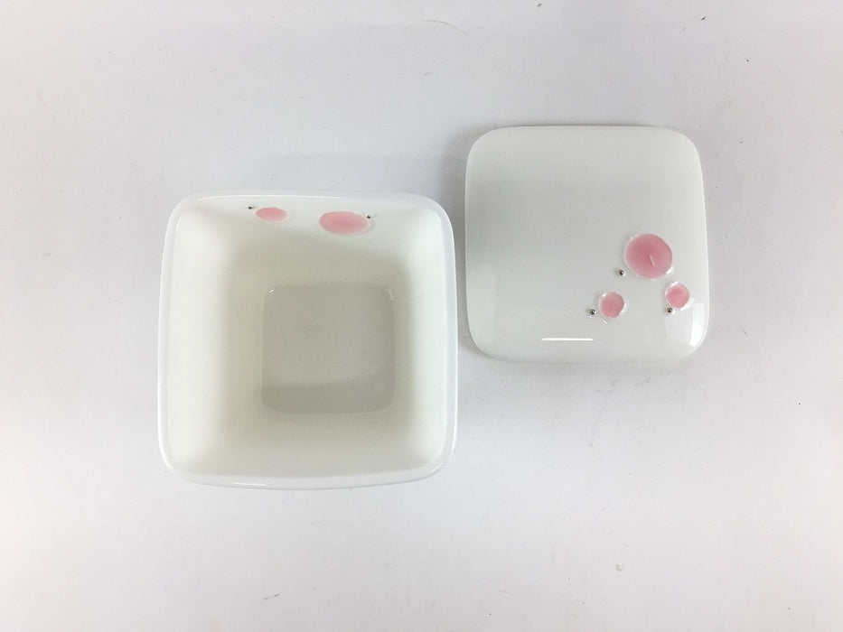 【SALE】角小蓋物　Tピンク水玉　8cm　有田焼【訳あり】
