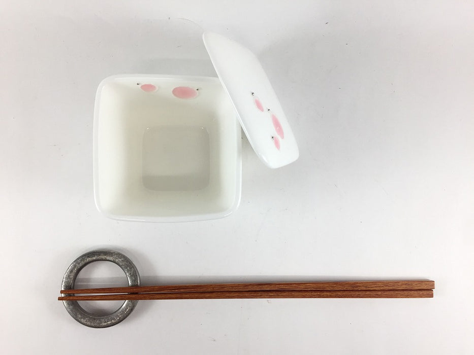 【SALE】角小蓋物　Tピンク水玉　8cm　有田焼【訳あり】