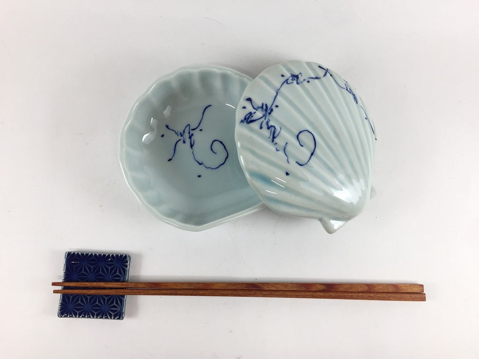 【SALE】染ツル草　貝型松花堂蓋物　11cm　有田焼【訳あり】