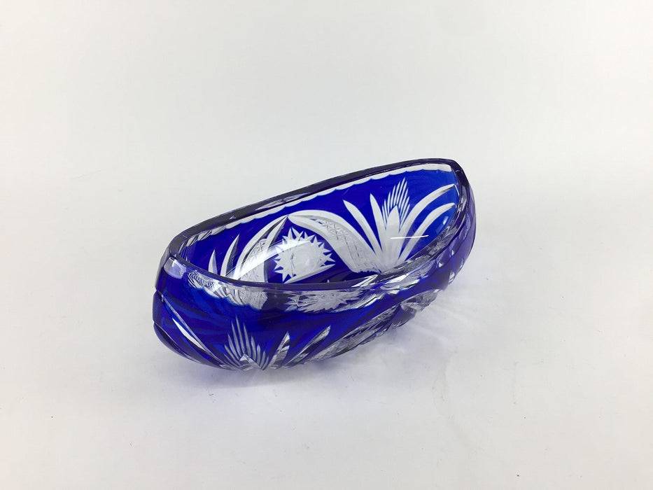 【SALE】青色被切子ゴンドラ型向付　15cm　ガラス製【訳あり】