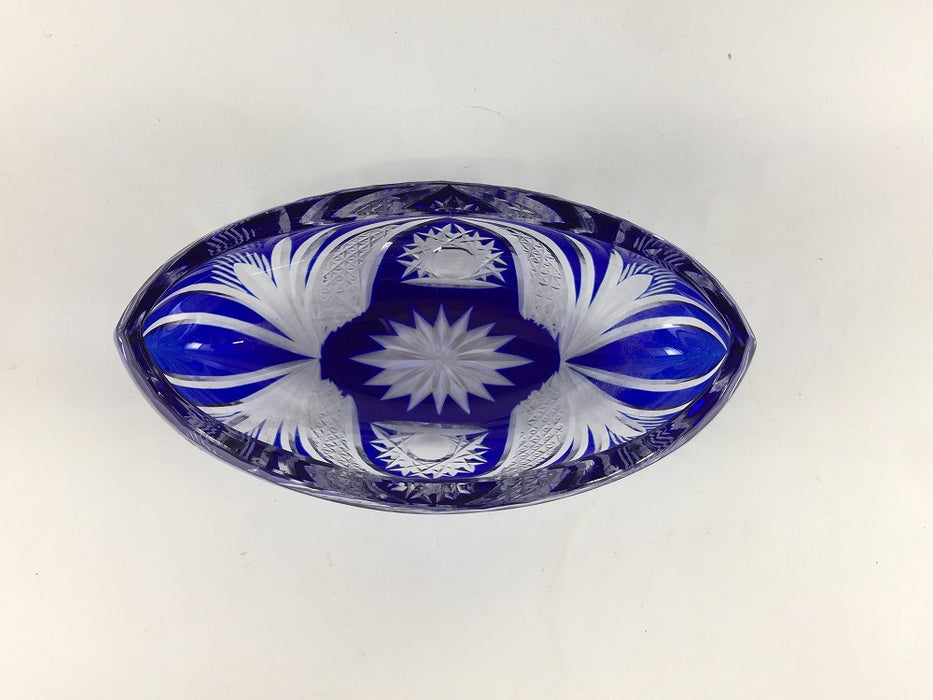 【SALE】青色被切子ゴンドラ型向付　15cm　ガラス製【訳あり】