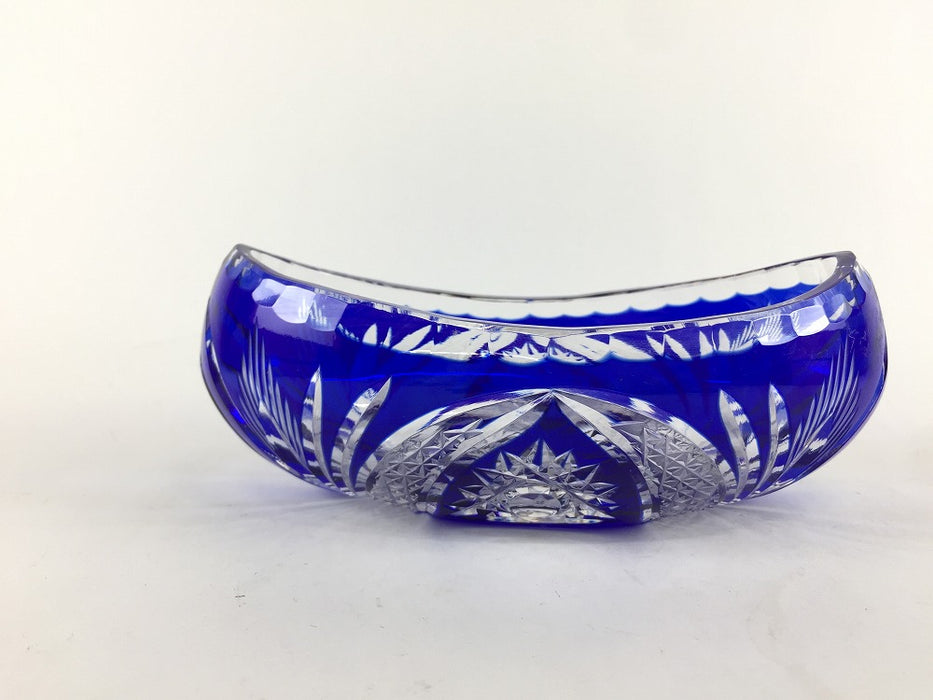 【SALE】青色被切子ゴンドラ型向付　15cm　ガラス製【訳あり】