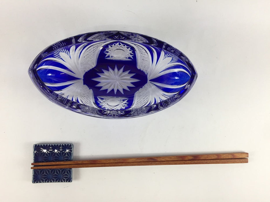 【SALE】青色被切子ゴンドラ型向付　15cm　ガラス製【訳あり】
