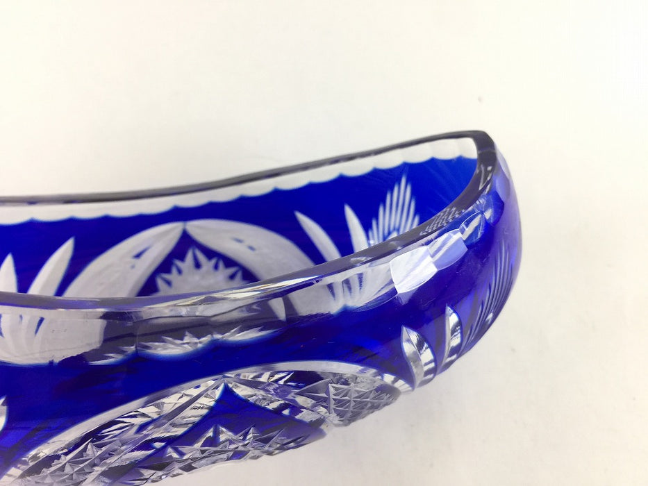 【SALE】青色被切子ゴンドラ型向付　15cm　ガラス製【訳あり】