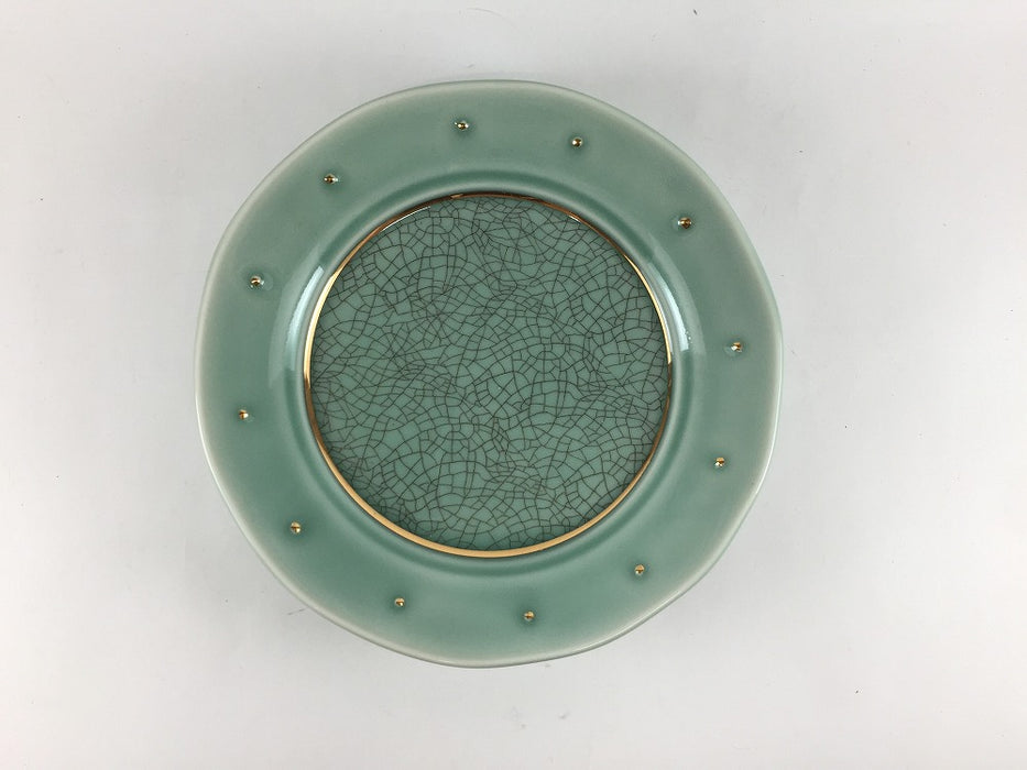【SALE】17cm丸皿　緑貫入金線金点　有田焼【訳あり】