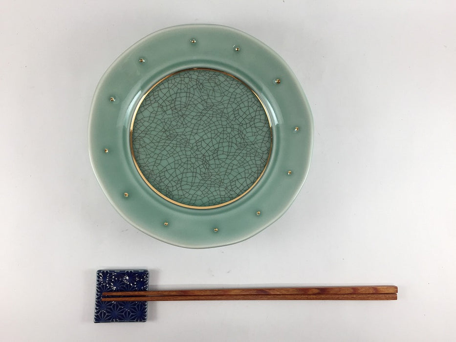 【SALE】17cm丸皿　緑貫入金線金点　有田焼【訳あり】