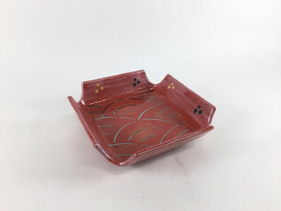 【SALE】四方切皿　赤銀波　12cm　有田焼【訳あり】