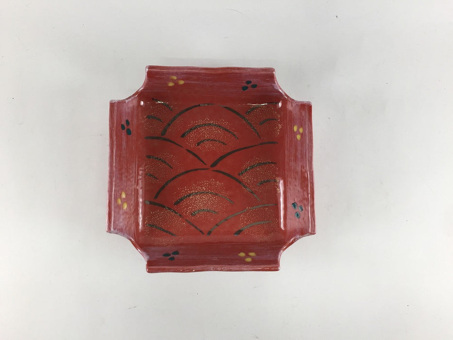 【SALE】四方切皿　赤銀波　12cm　有田焼【訳あり】