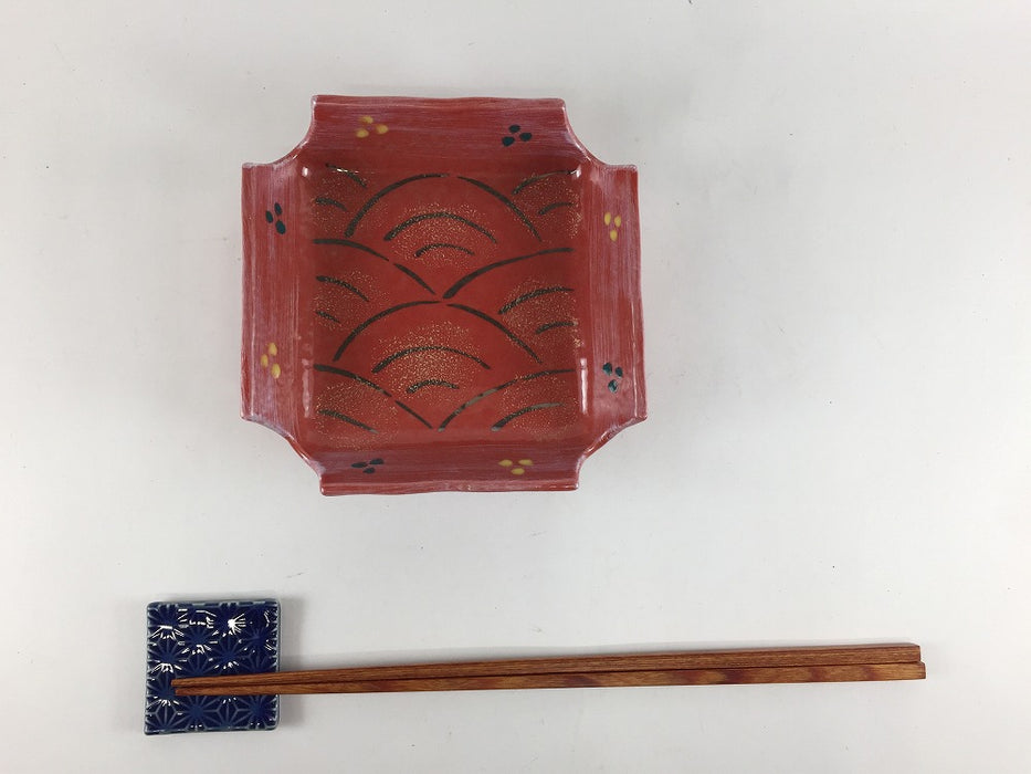 【SALE】四方切皿　赤銀波　12cm　有田焼【訳あり】