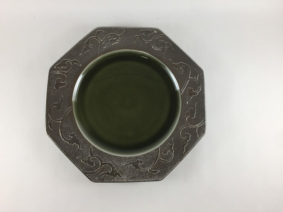 【SALE】245八角皿　(織部.銀唐草)　24cm 　有田焼【訳あり】