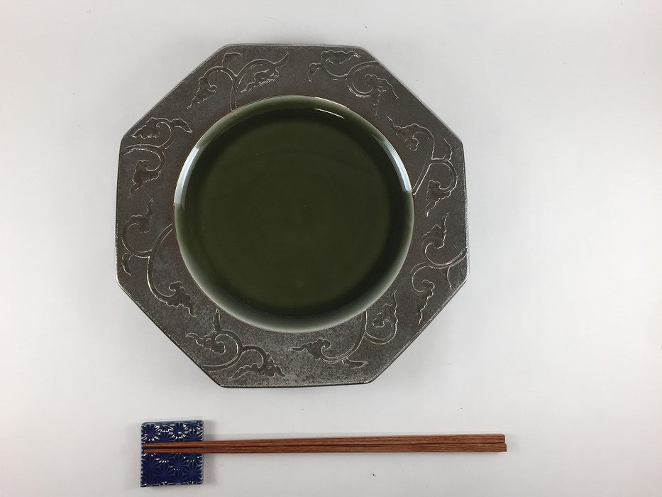 【SALE】245八角皿　(織部.銀唐草)　24cm 　有田焼【訳あり】