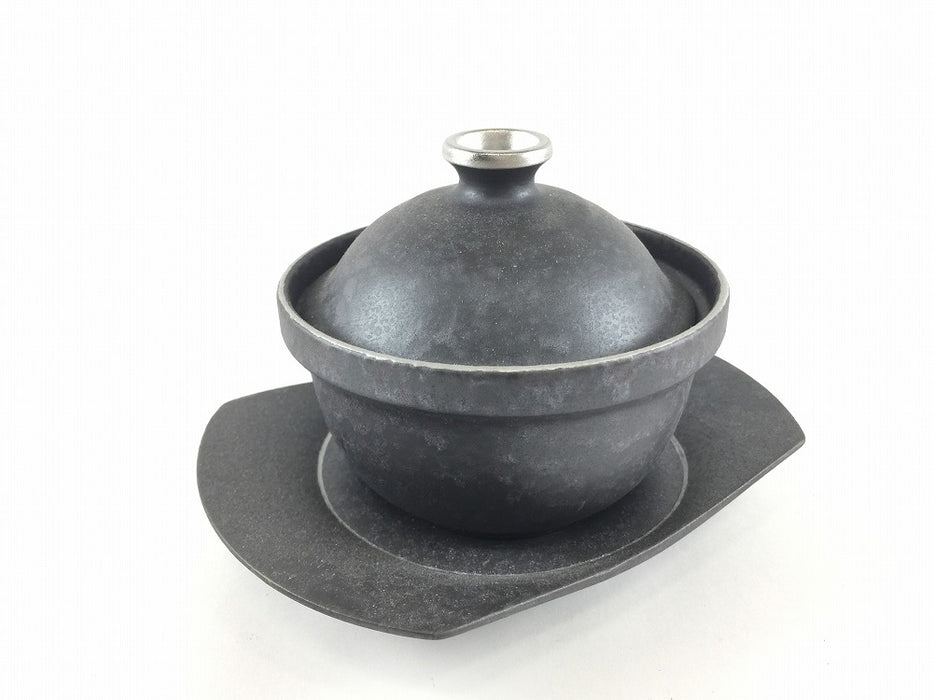 11cm渕立蓋物セット.黒結晶銀　有田焼金善窯