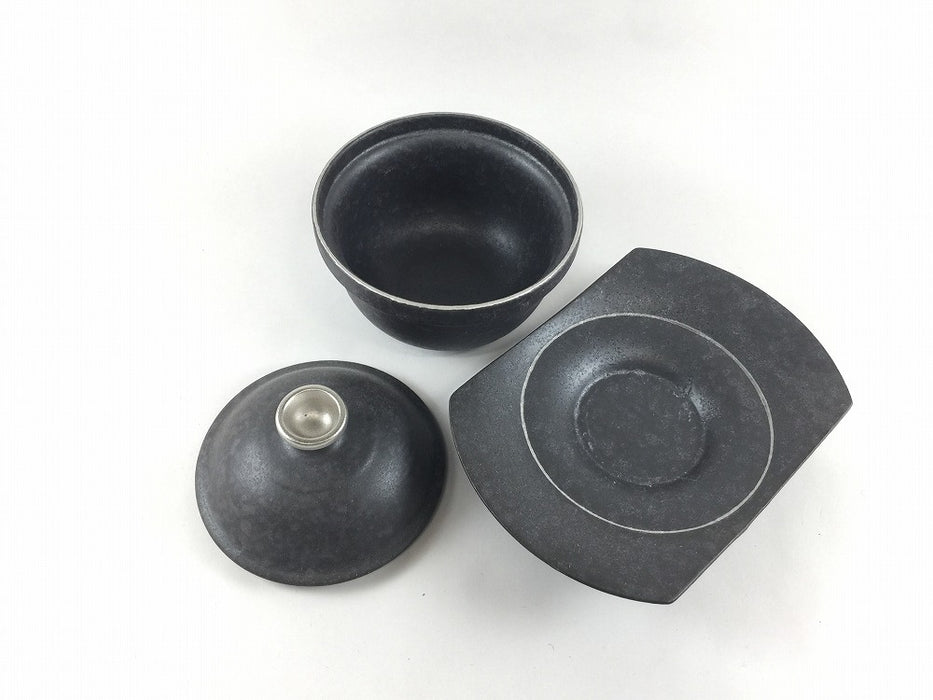 11cm渕立蓋物セット.黒結晶銀　有田焼金善窯