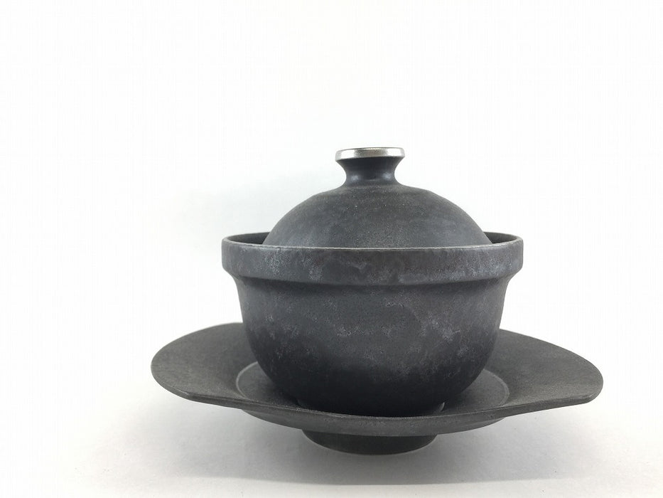 11cm渕立蓋物セット.黒結晶銀　有田焼金善窯