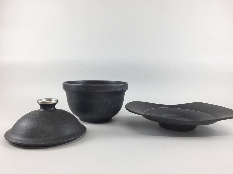 11cm渕立蓋物セット.黒結晶銀　有田焼金善窯