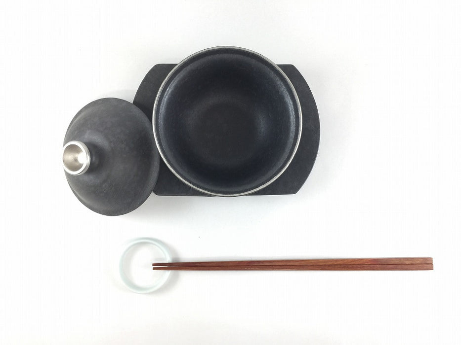 11cm渕立蓋物セット.黒結晶銀　有田焼金善窯
