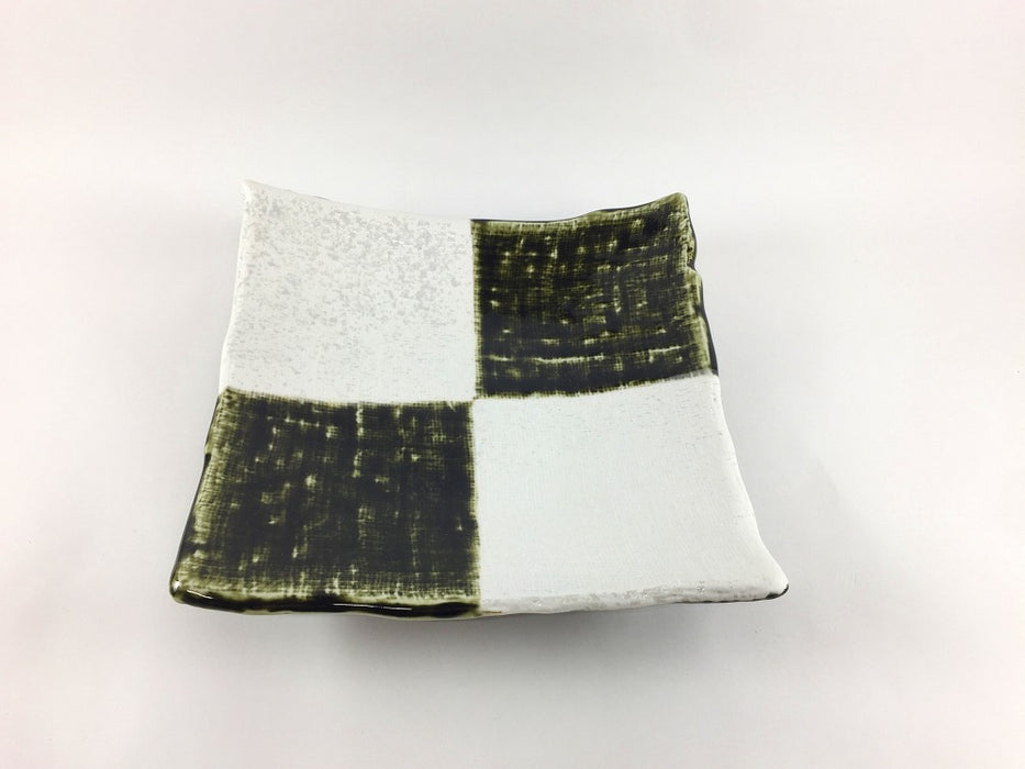 【SALE】角濃オリベ格子ラスター　三ツ足皿　17cm　三川内焼(j.R)【訳あり】