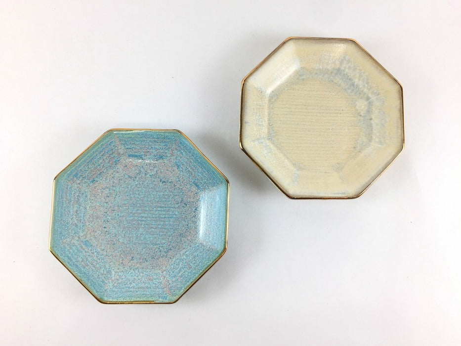 八角豆皿　渕金　(ミント/白結晶)　11cm　有田焼(j.R)