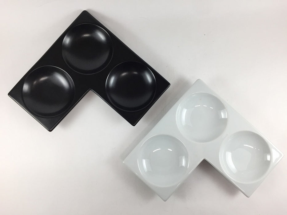 【SALE】Ｌ三品盛　(白磁/黒マット)　16.5cm 　有田焼【訳あり】