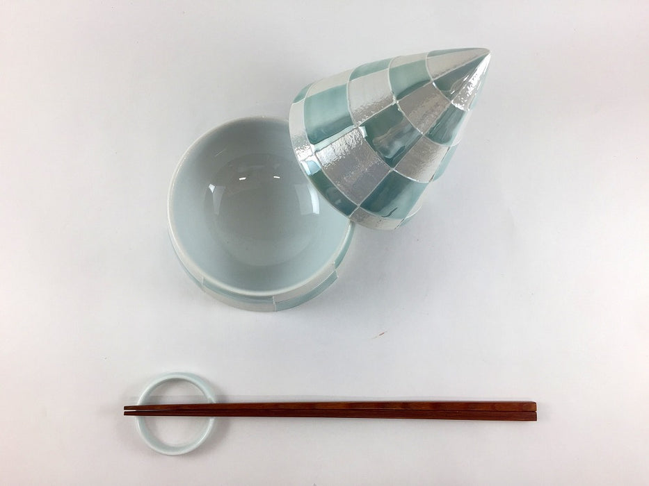 【SALE】円錐蓋物　青磁パール市松　11.5cm　有田焼【訳あり】