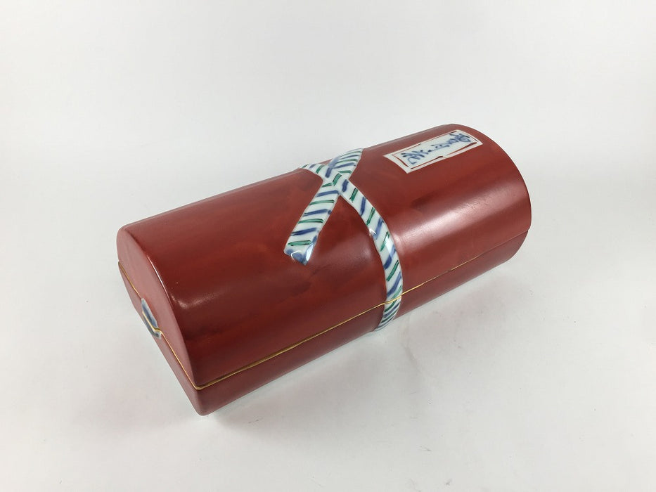 【SALE】染錦雪月花巻物型蓋物(赤)　20cm　有田焼【訳あり】