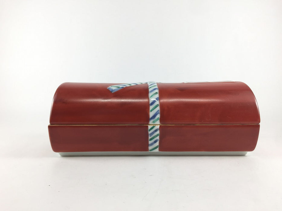 【SALE】染錦雪月花巻物型蓋物(赤)　20cm　有田焼【訳あり】