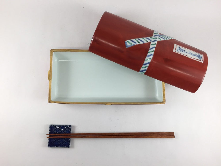 【SALE】染錦雪月花巻物型蓋物(赤)　20cm　有田焼【訳あり】