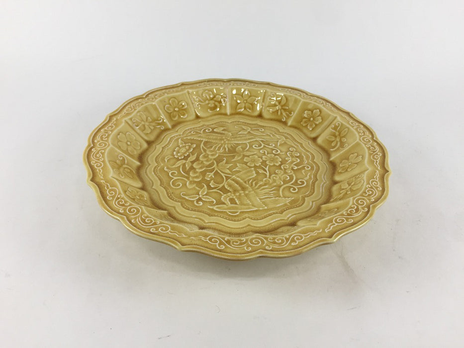 花鳥彫5寸皿　黄彩　16cm　有田焼福泉窯(j.R)