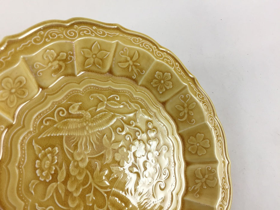 花鳥彫5寸皿　黄彩　16cm　有田焼福泉窯(j.R)