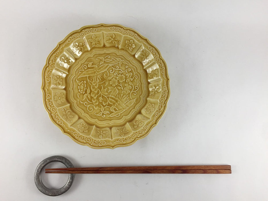 花鳥彫5寸皿　黄彩　16cm　有田焼福泉窯(j.R)