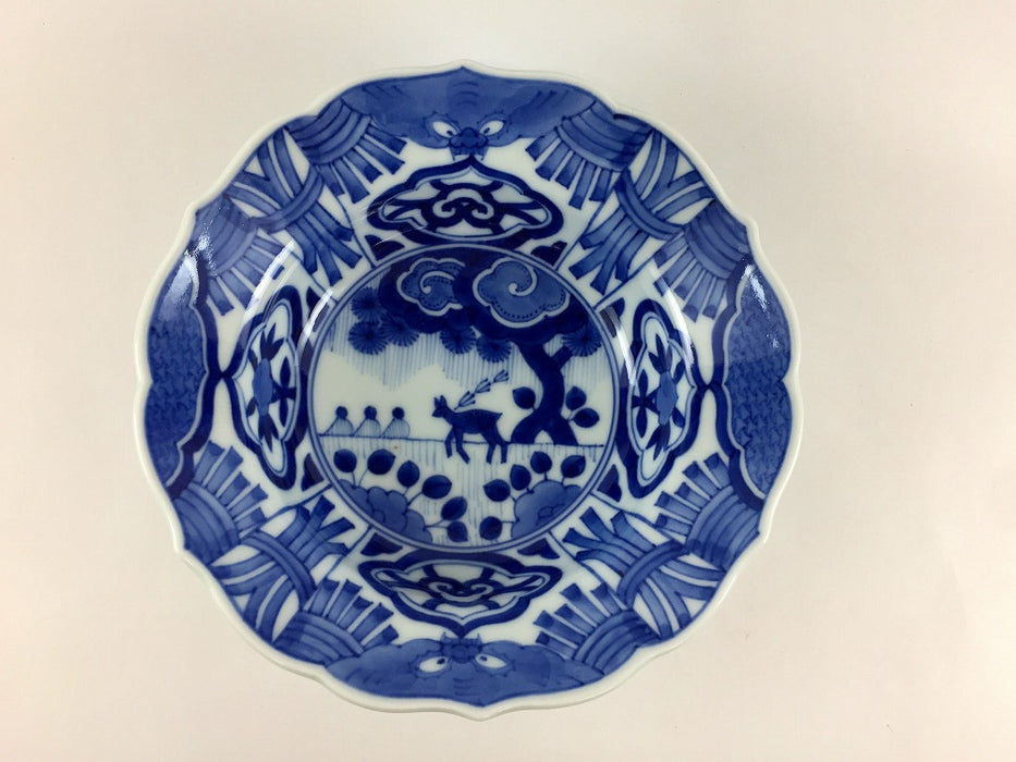 【SALE】古染付鹿絵　輪花向付　14.5cm　有田焼【訳あり】