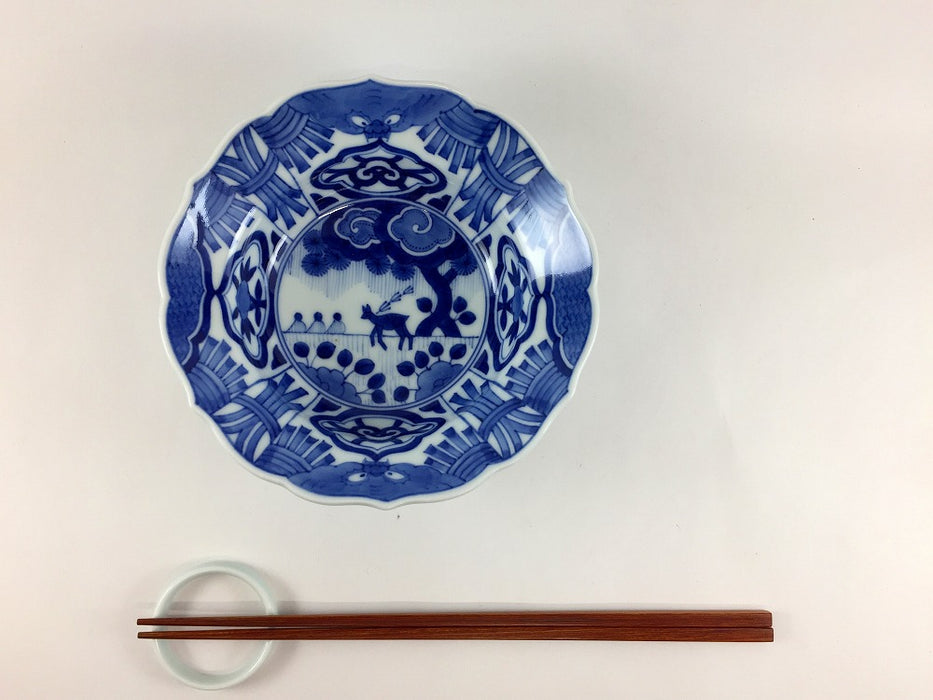 【SALE】古染付鹿絵　輪花向付　14.5cm　有田焼【訳あり】