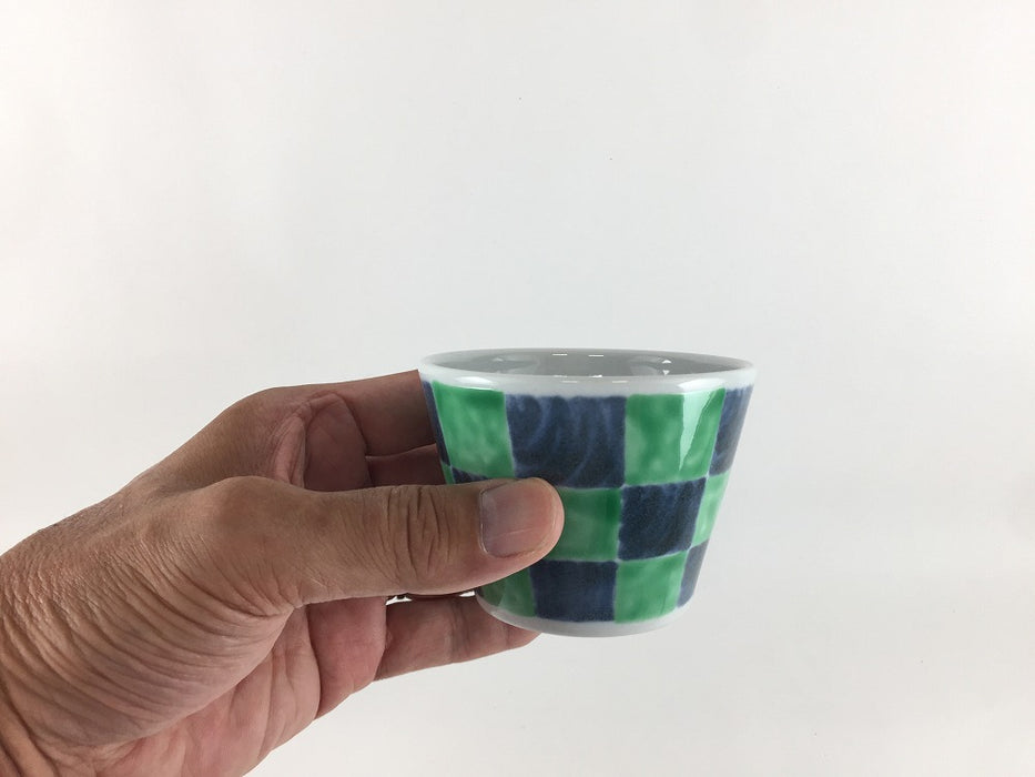 蕎麦猪口(藍緑市松)　8cm/180cc　有田焼(j.R)