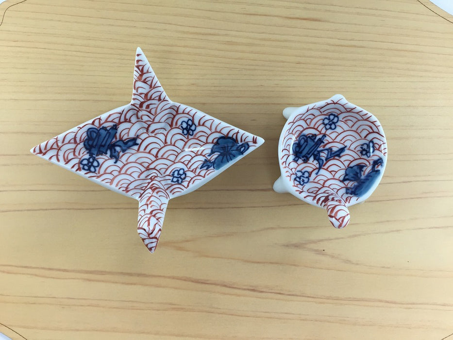 錦朱青海波　珍味(折鶴/丸カメ)　11cm　有田焼　(j.R)