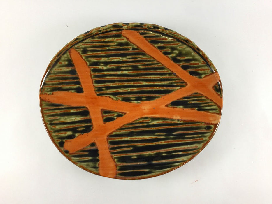 【SALE】火ダスキ織部焼皿　19cm　有田焼【訳あり】