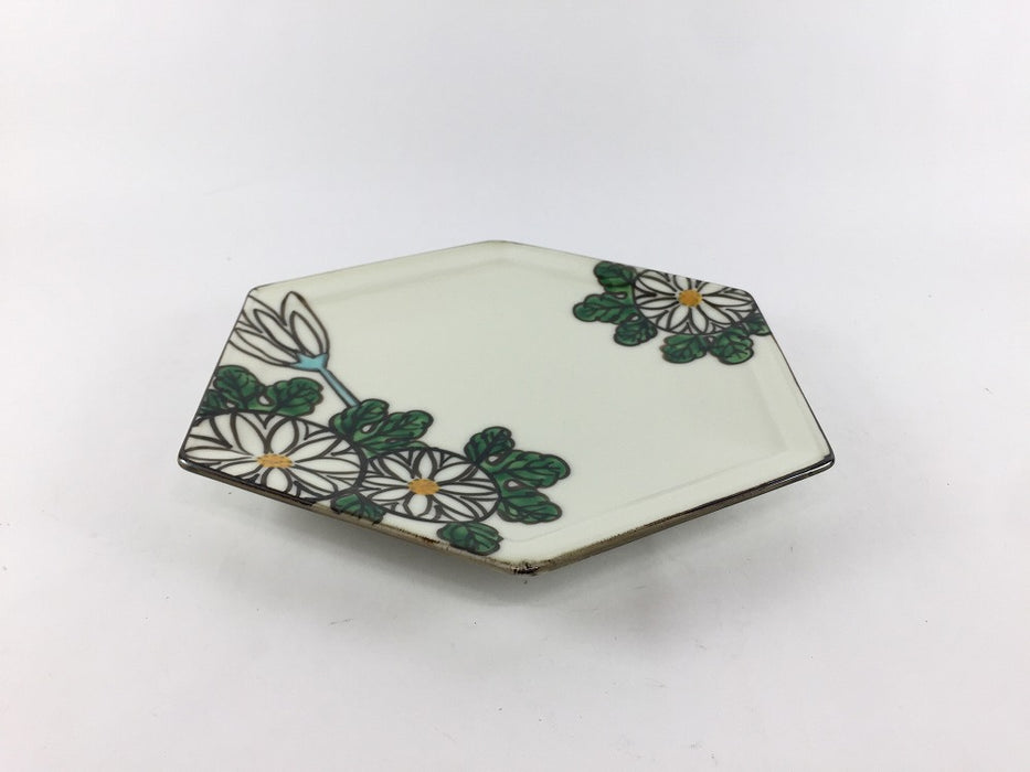 グレー乾山菊　六角焼皿　18cm　有田焼錦右衛門窯(j.R)