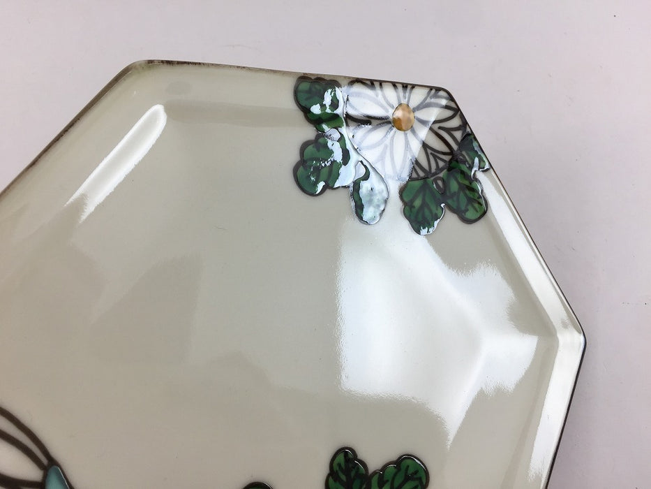 グレー乾山菊　六角焼皿　18cm　有田焼錦右衛門窯(j.R)