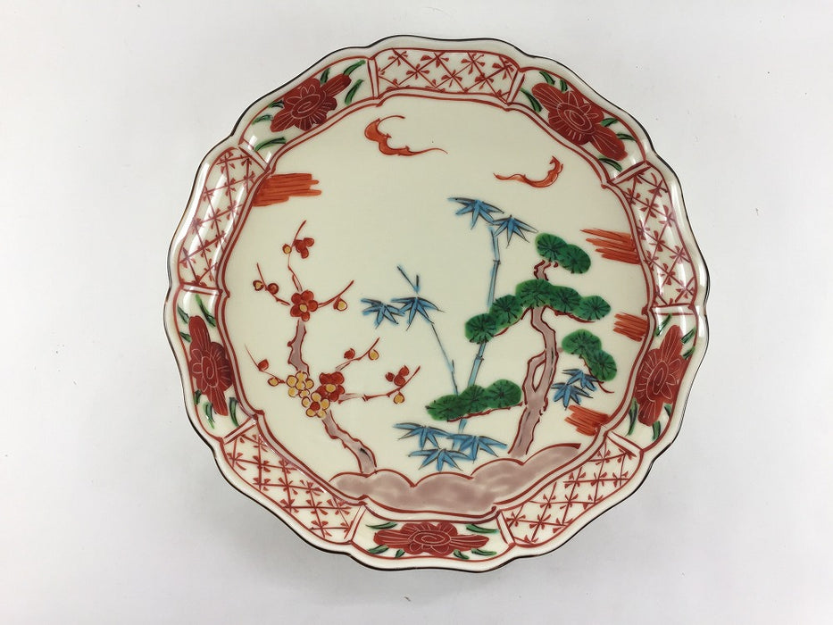 錦渕地紋花絵松竹梅　古伊万里プレート　22cm　有田焼錦右衛門窯(j.R)