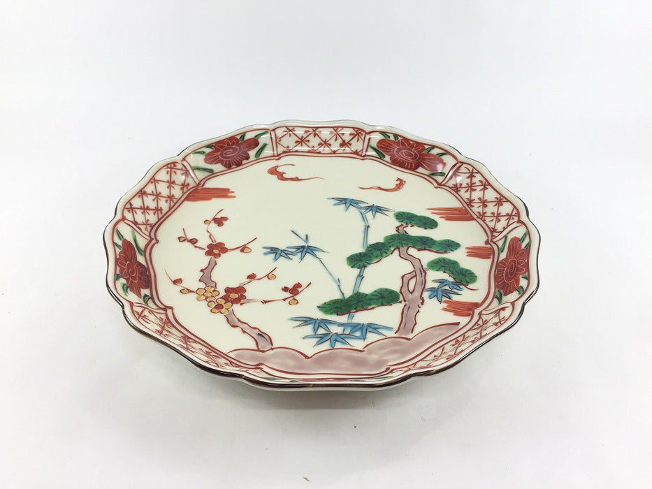 錦渕地紋花絵松竹梅　古伊万里プレート　22cm　有田焼錦右衛門窯(j.R)