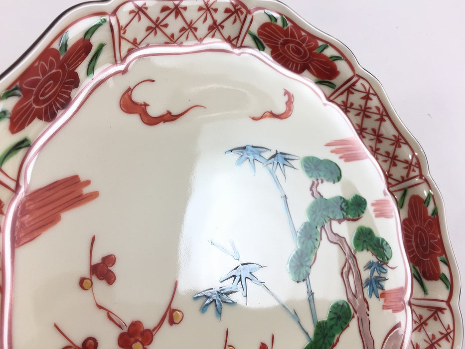 錦渕地紋花絵松竹梅　古伊万里プレート　22cm　有田焼錦右衛門窯(j.R)