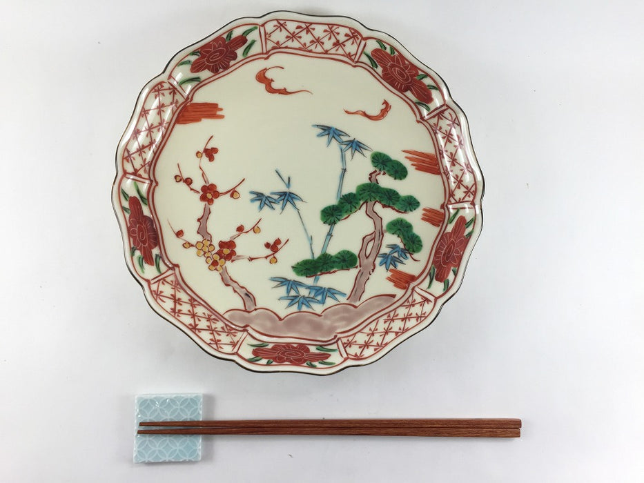 錦渕地紋花絵松竹梅　古伊万里プレート　22cm　有田焼錦右衛門窯(j.R)