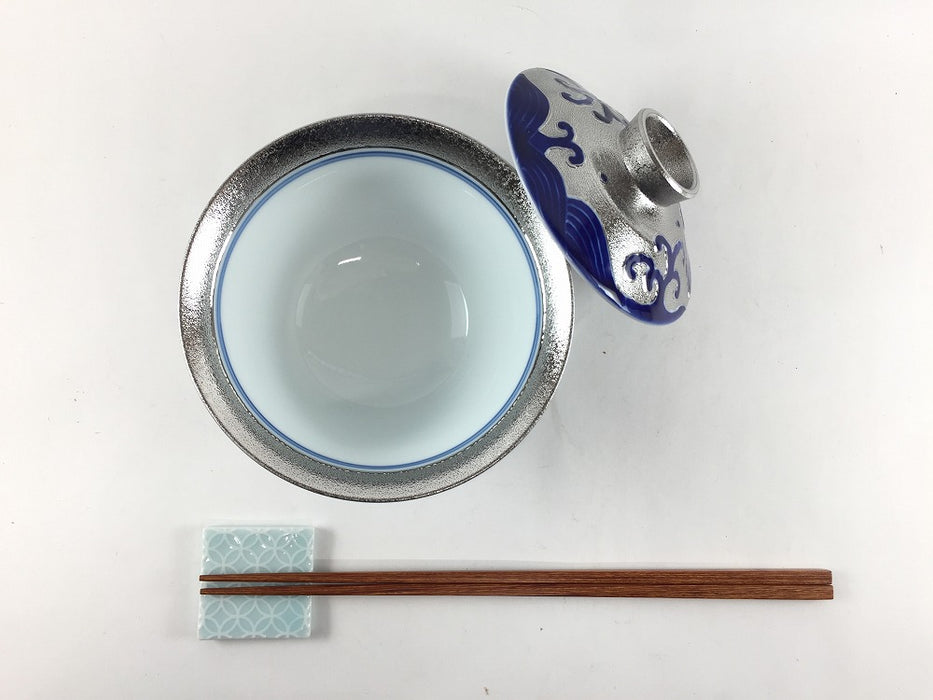 プラチナ荒波　百合型蓋物　11.5cm　有田焼錦右衛門窯(j.R)