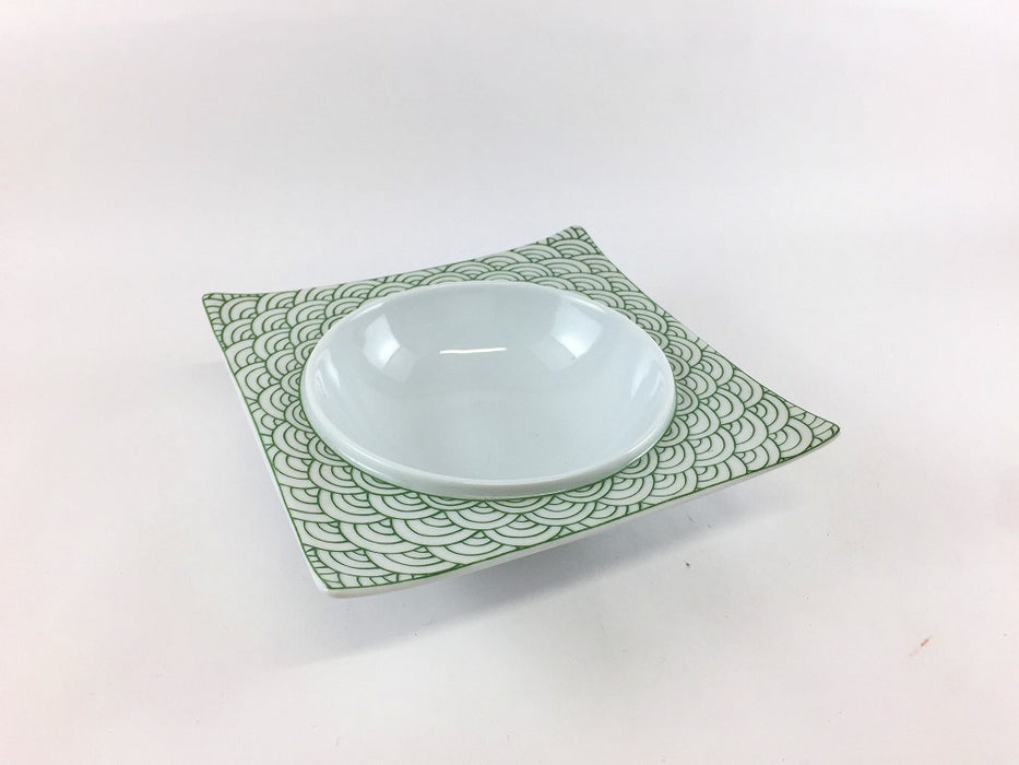 【SALE】角14鉢　緑青海波　14cm　有田焼【訳あり】