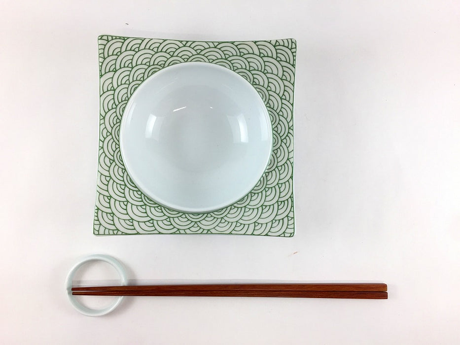 【SALE】角14鉢　緑青海波　14cm　有田焼【訳あり】