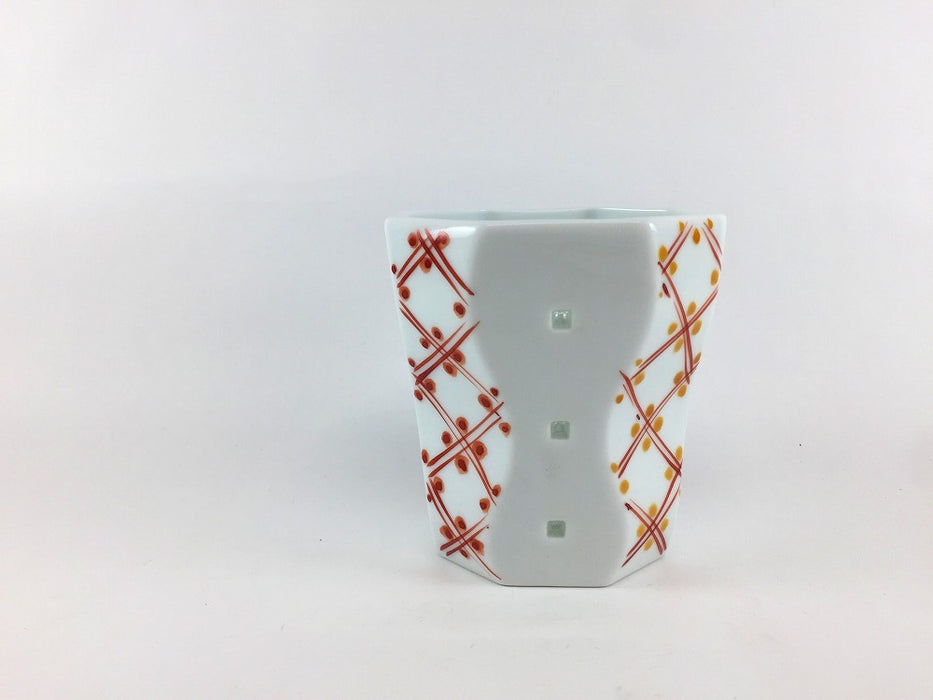 【SALE】水晶彫八角ロックグラス　色絵四方タスキ紋　9cm　波佐見焼【訳あり】